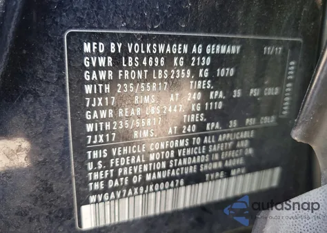 2018 Volkswagen Tiguan Limited z USA, uszkodzony, nr VIN WVGAV7AX9JK000476